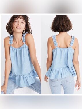 NWT Madewell Denim Ruffle Strap Peplum Cami Top Blue 10 Petite